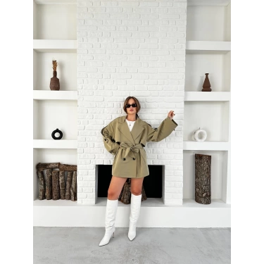 Parça Detalı Oversize Trençkot Haki