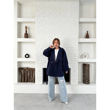 Parça Detalı Oversize Trençkot Lacivert