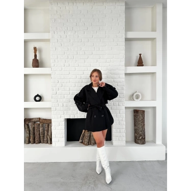 Parça Detalı Oversize Trençkot Siyah