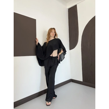 Pelerin Bluz Pantolon Plaj Takım Siyah