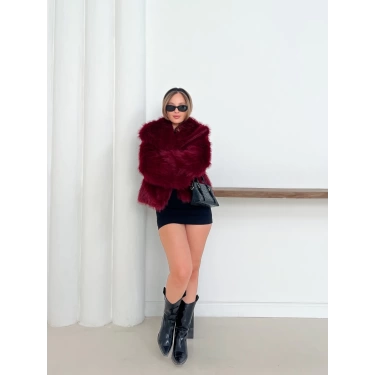 Peluş Çıtçıtlı Kısa Kürk Bordo