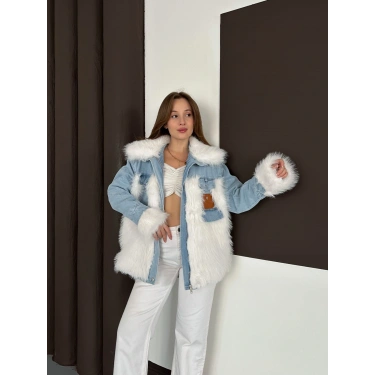 Peluş Detaylı Denim Ceket Beyaz
