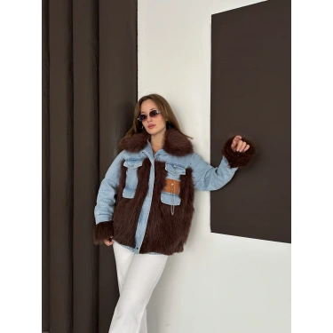 Peluş Detaylı Denim Ceket Kahve