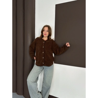 Peluş Düğme Detaylı İçi Astarlı Cepli Ceket Acı Kahve