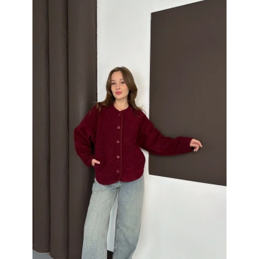 Peluş Düğme Detaylı İçi Astarlı Cepli Ceket Bordo