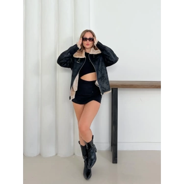 Peluşlu Yaka Kemer Detaylı Ceket Camel