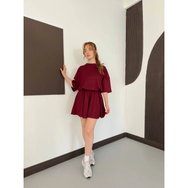 Pileli Şort Etek- Tişört Modal Takım Bordo