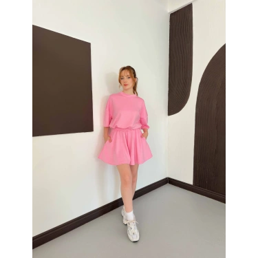Pileli Şort Etek- Tişört Modal Takım Pembe