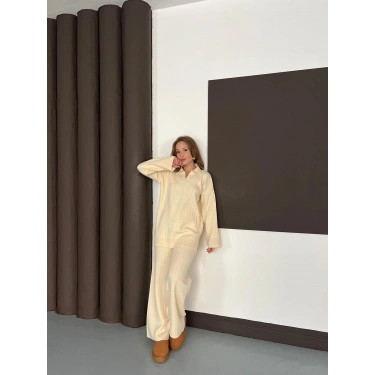 Polo Yaka Triko Pantolonlu Takım Ekru