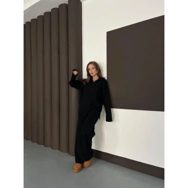 Polo Yaka Triko Pantolonlu Takım Siyah