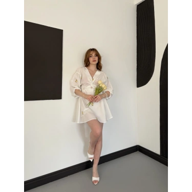 Poplin Kumaş Çiçek Desen Mini Elbise Beyaz-Sarı