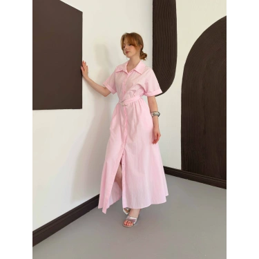 Poplin Kumaş Kemer Detaylı Gömlek Elbise Pembe