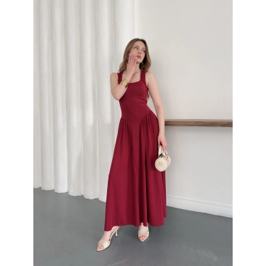 Premium Dokulu Prenses Uzun Elbise Bordo