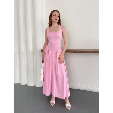 Premium Dokulu Prenses Uzun Elbise Pembe