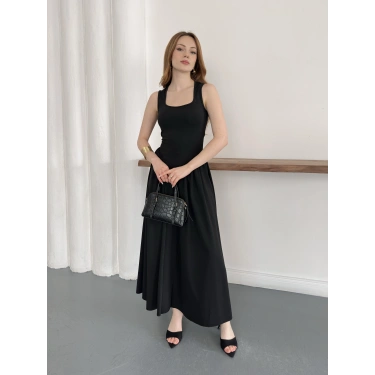 Premium Dokulu Prenses Uzun Elbise Siyah