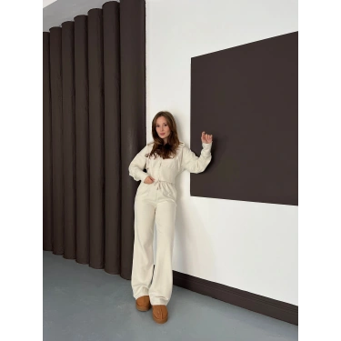 Selanik Kumaş Kapüşonlu Takım Bej