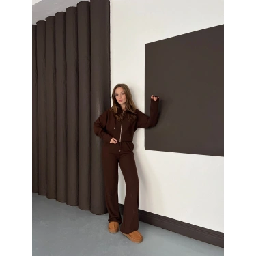 Selanik Kumaş Kapüşonlu Takım Kahverengi