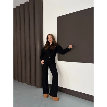 Selanik Kumaş Kapüşonlu Takım Siyah