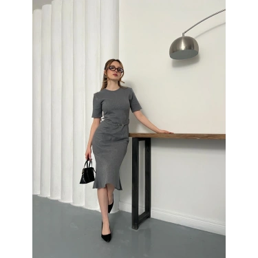 Selanik Kumaş Kemer Detaylı Elbise Gri