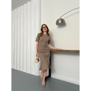Selanik Kumaş Kemer Detaylı Elbise Kahve