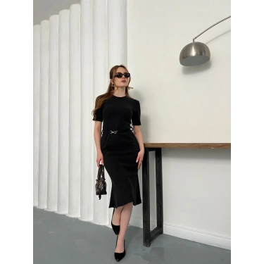 Selanik Kumaş Kemer Detaylı Elbise Siyah