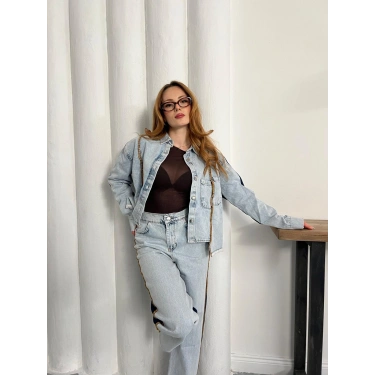 Şerit Detaylı Denim Takım