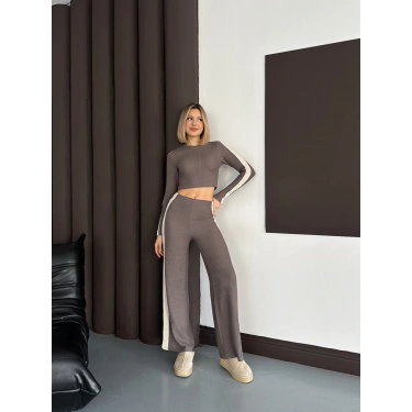 Şerit Detaylı Modal Croplu Takım Vizon