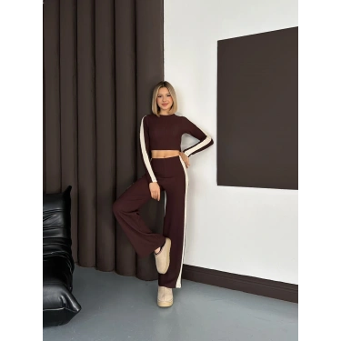 Şerit Detaylı Modal Croplu Takım Kahve