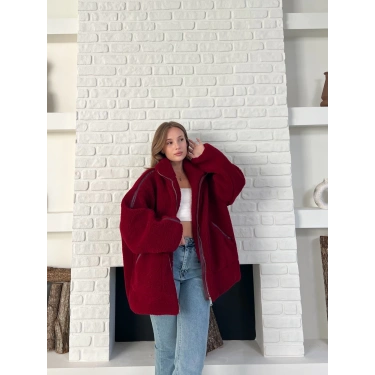 Şerit Detaylı Snuggy Peluş Ceket Bordo