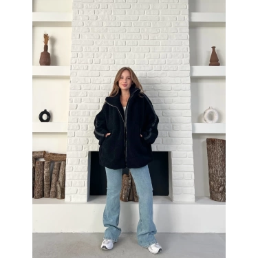 Şerit Detaylı Snuggy Peluş Ceket Siyah
