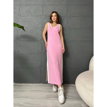 Şertili Yırtmaç Detay Uzun Elbise Pembe