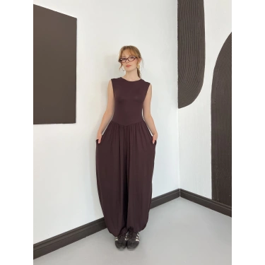 Sıfır Kol Basic Şalvar Tulum Kahve