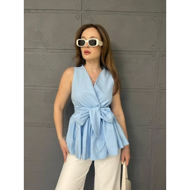 Sıfır Kol Kuşaklı Bluz Bebe Mavisi