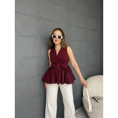 Sıfır Kol Kuşaklı Bluz Bordo