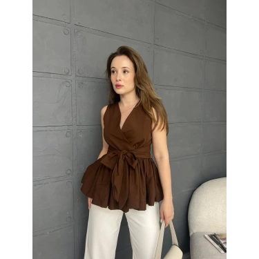 Sıfır Kol Kuşaklı Bluz Kahverengi