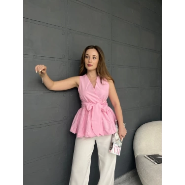 Sıfır Kol Kuşaklı Bluz Pembe