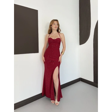 Sim Detaylı Askılı Yırmaçlı Gece Elbisesi Bordo