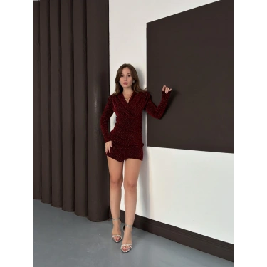 Sim Detaylı Mini Elbise Bordo