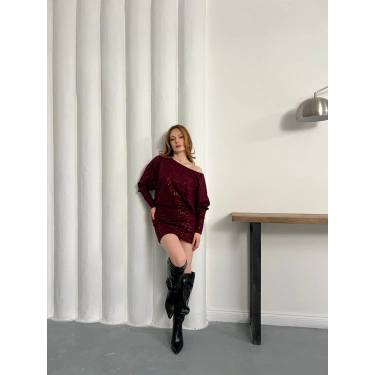 Sim Detaylı Tek Omuz Mini Elbise Bordo