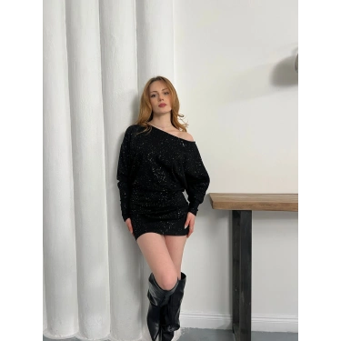 Sim Detaylı Tek Omuz Mini Elbise Siyah