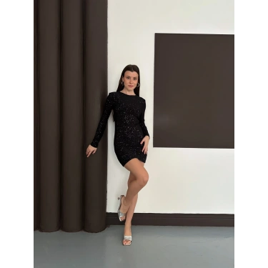 Sırt Dekolteli Simli Elbise Siyah