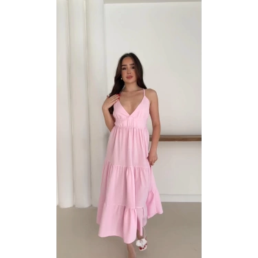 Sırt Detaylı Askılı Keten Elbise Pembe