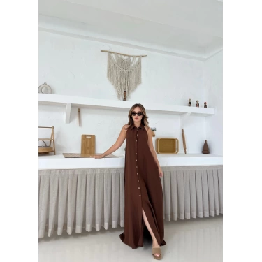 Sırt Detaylı Ham Keten Elbise Kahverengi