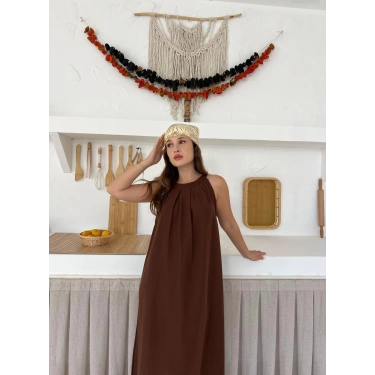 Sırt Pencere Detay Keten Elbise Kahverengi