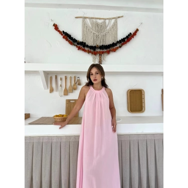 Sırt Pencere Detay Keten Elbise Pembe