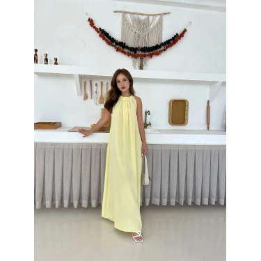 Sırt Pencere Detay Keten Elbise Sarı