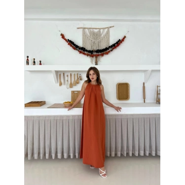 Sırt Pencere Detay Keten Elbise Turuncu