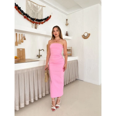 Straplez Arka Yırtmaç Detay Elbise Pembe