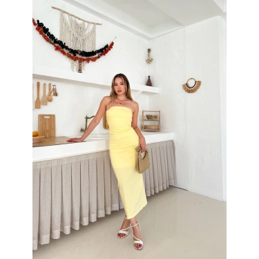 Straplez Arka Yırtmaç Detay Elbise Sarı