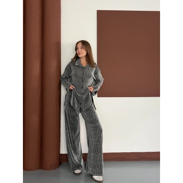 Taş Detaylı Gömlek-Pantolon Takım Gri